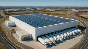 Plateforme logistique frigorifique moderne dans un parc industriel près de Madrid