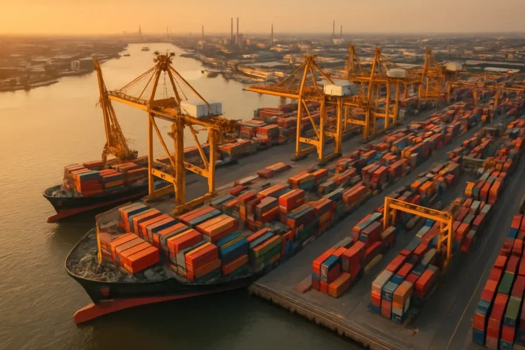 Port de commerce asiatique animé avec porte-conteneurs et grues industrielles