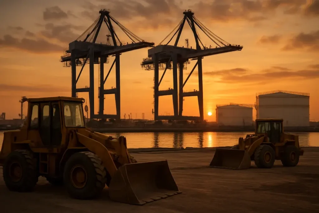 Port industriel avec grues de fret et réservoirs pétroliers au coucher de soleil