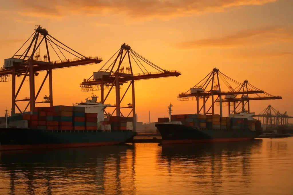 Port industriel d'un pays émergent à l'aube avec porte-conteneurs