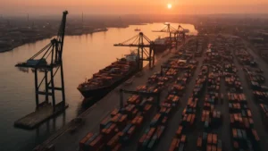 Port industriel européen au crépuscule avec grues et navires
