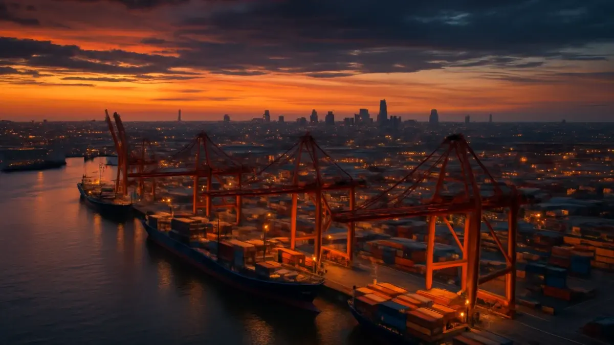 Port industriel européen au crépuscule, grues et navires de fret