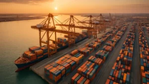 Port international animé avec grues et porte-conteneurs au coucher du soleil