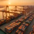Port international animé avec grues et porte-conteneurs au coucher du soleil