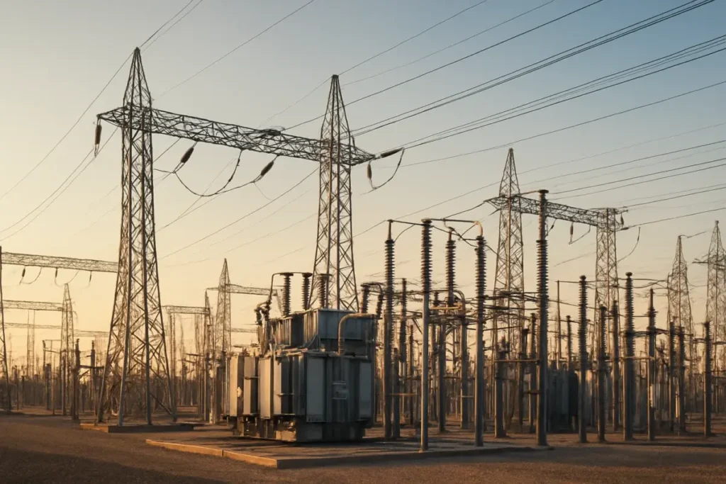 Poste de transformation électrique haute tension au coucher du soleil