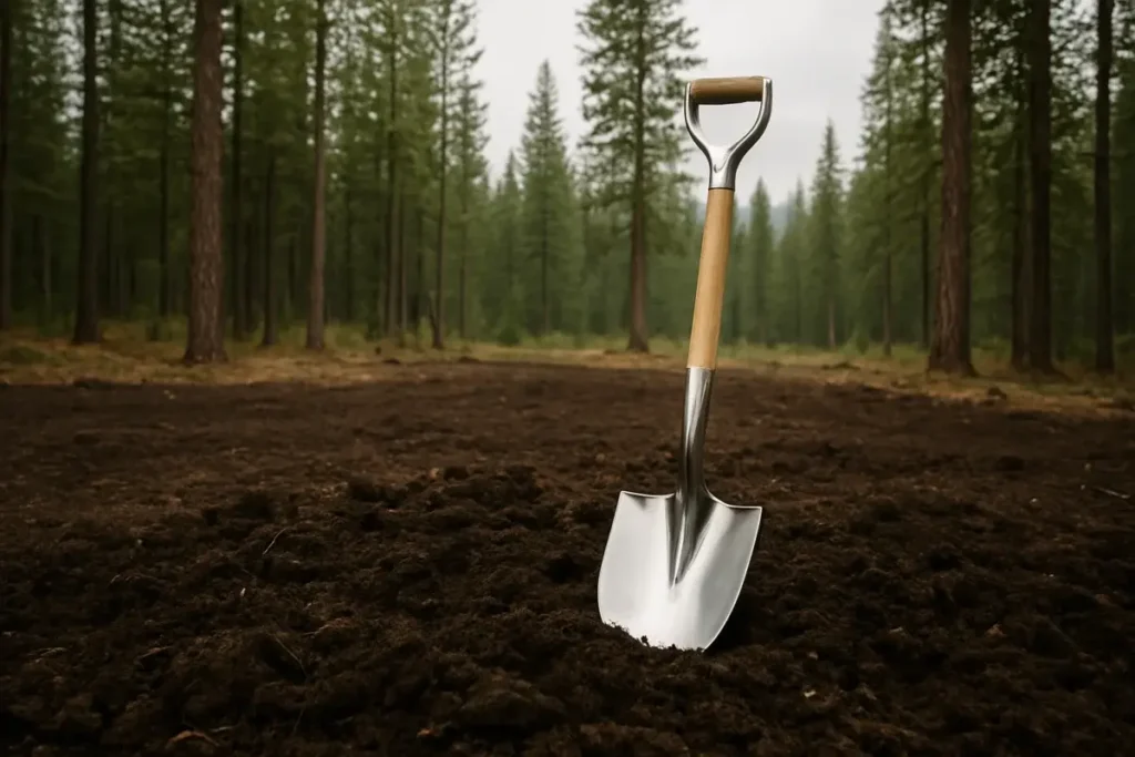 Première pelletée de terre sur un chantier immobilier en forêt canadienne