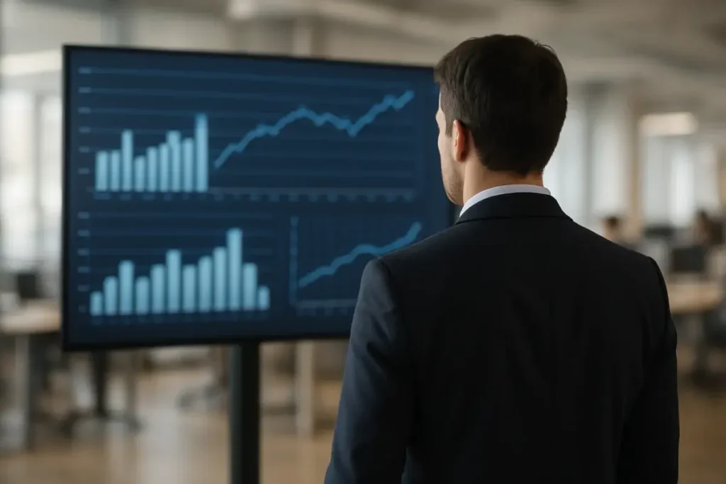 Professionnel consultant un tableau de bord de données économiques en temps réel