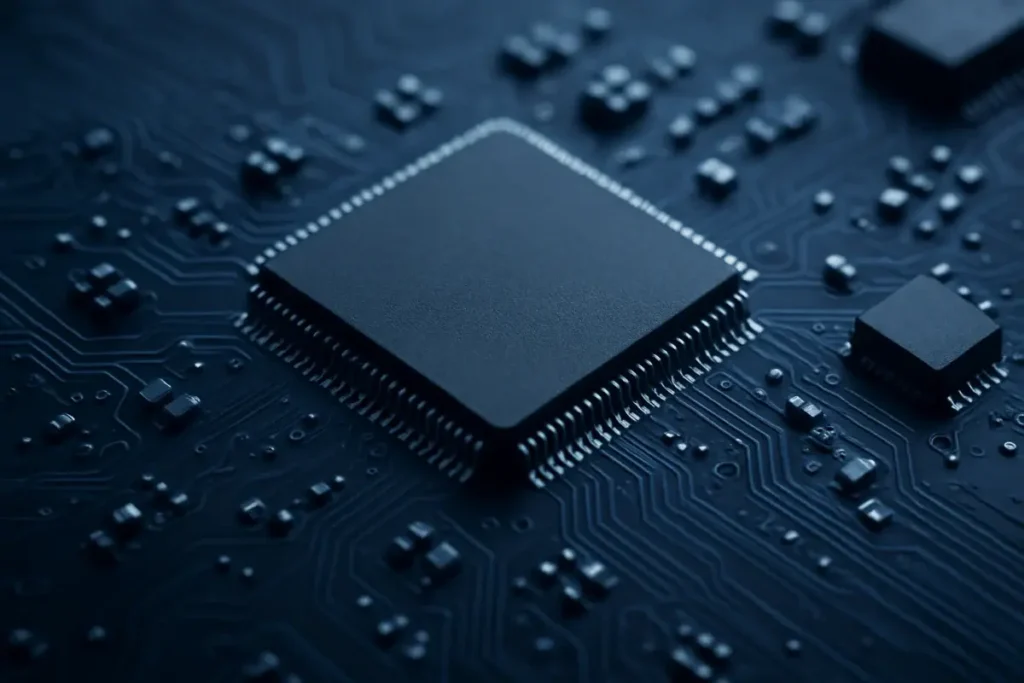 Puce de mémoire semiconducteur sur circuit imprimé en gros plan