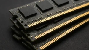 Puces mémoire empilées sur fond industriel sombre