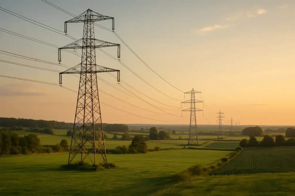 Pylônes électriques traversant une campagne européenne à l'heure dorée