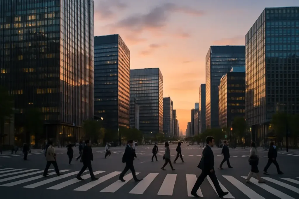 Quartier d'affaires de Tokyo au crépuscule avec immeubles en verre