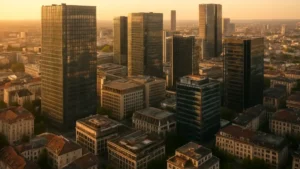 Quartier d'affaires européen avec immeubles modernes illustrant la SCPI internationale