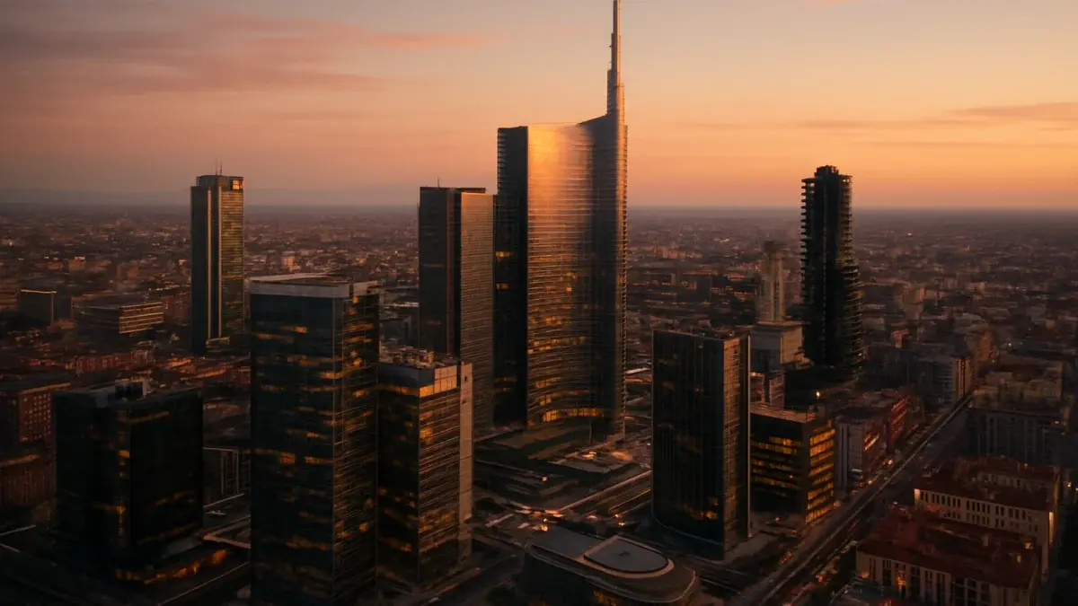 Quartier financier de Milan au crépuscule, immeubles de verre