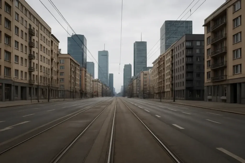 Quartier mixte de Varsovie avec tramway et immeubles de bureaux
