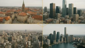 Quatre horizons urbains sur quatre continents reliés par des lignes dorées