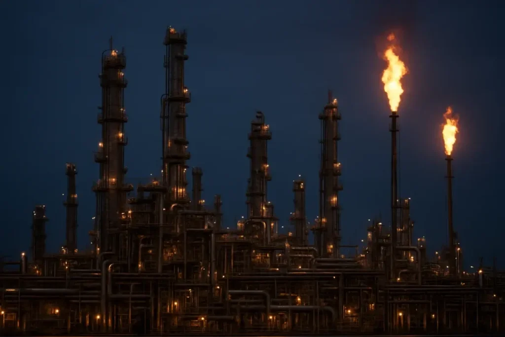 Raffinerie de pétrole au crépuscule avec torchères allumées