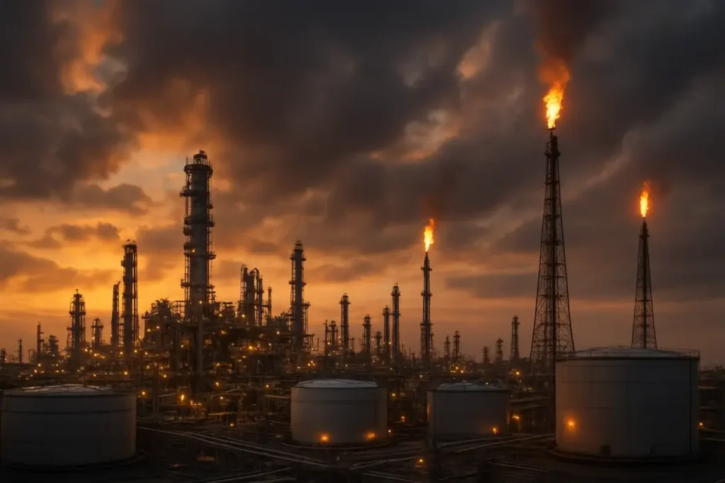 Raffinerie de pétrole industrielle au crépuscule avec torchères allumées