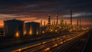 Raffinerie pétrolière au crépuscule avec pipelines illuminés