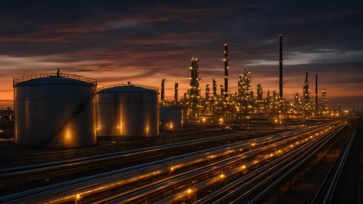 Raffinerie pétrolière au crépuscule avec pipelines illuminés