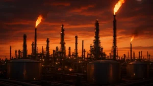Raffinerie pétrolière au crépuscule avec torchères allumées