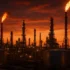 Raffinerie pétrolière au crépuscule avec torchères allumées