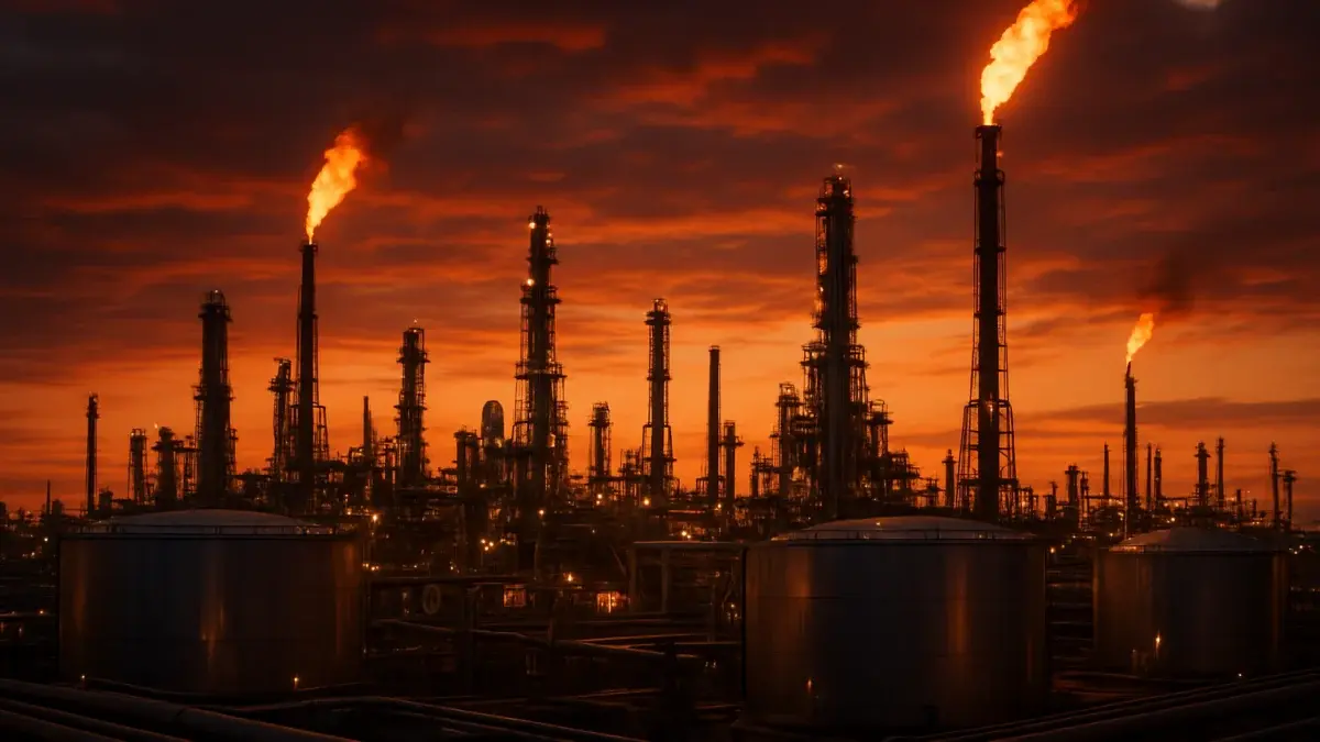 Raffinerie pétrolière au crépuscule avec torchères allumées