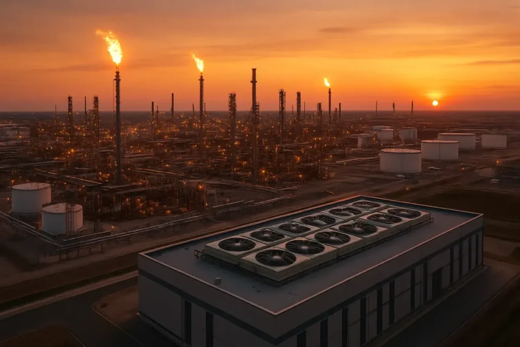 Raffinerie pétrolière et centre de données côte à côte vus du ciel