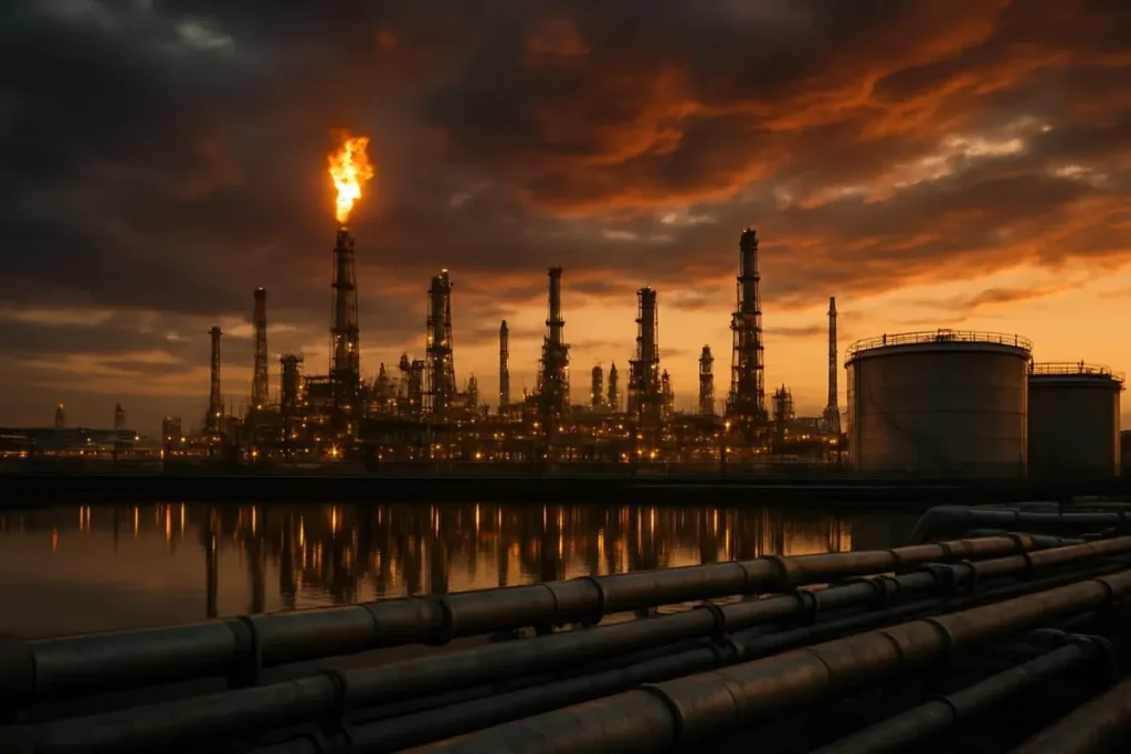 Raffinerie pétrolière industrielle illustrant les tensions sur les prix de l'énergie