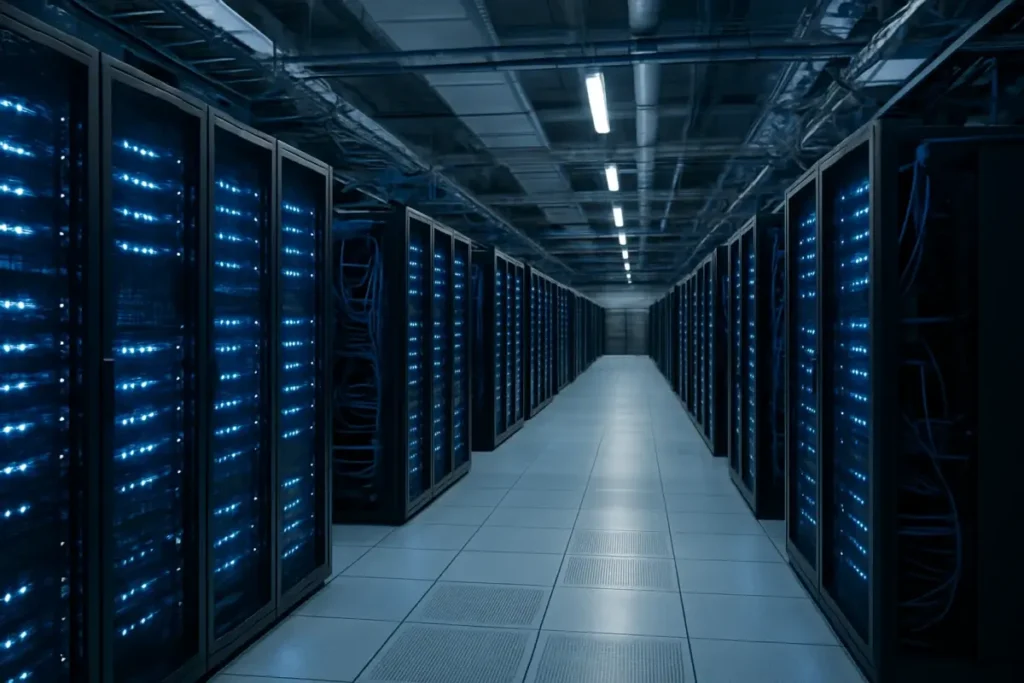 Rangées de serveurs dans un centre de données lié à l'intelligence artificielle