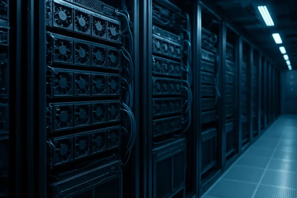 Rangées de serveurs GPU dans un couloir de centre de données