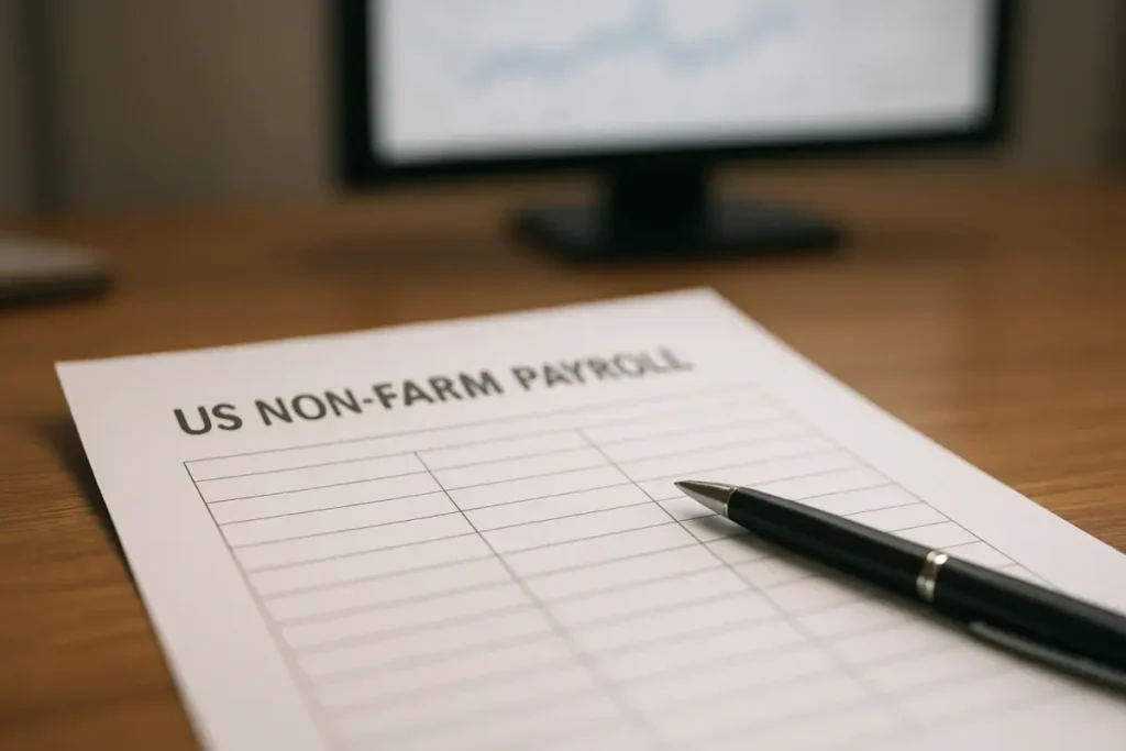 Rapport sur l'emploi américain posé sur un bureau avec stylo