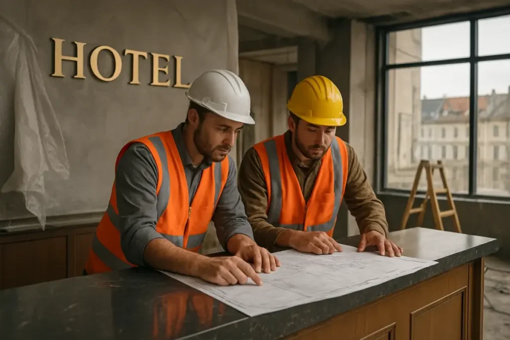 Réception d'hôtel en rénovation avec plans architecturaux