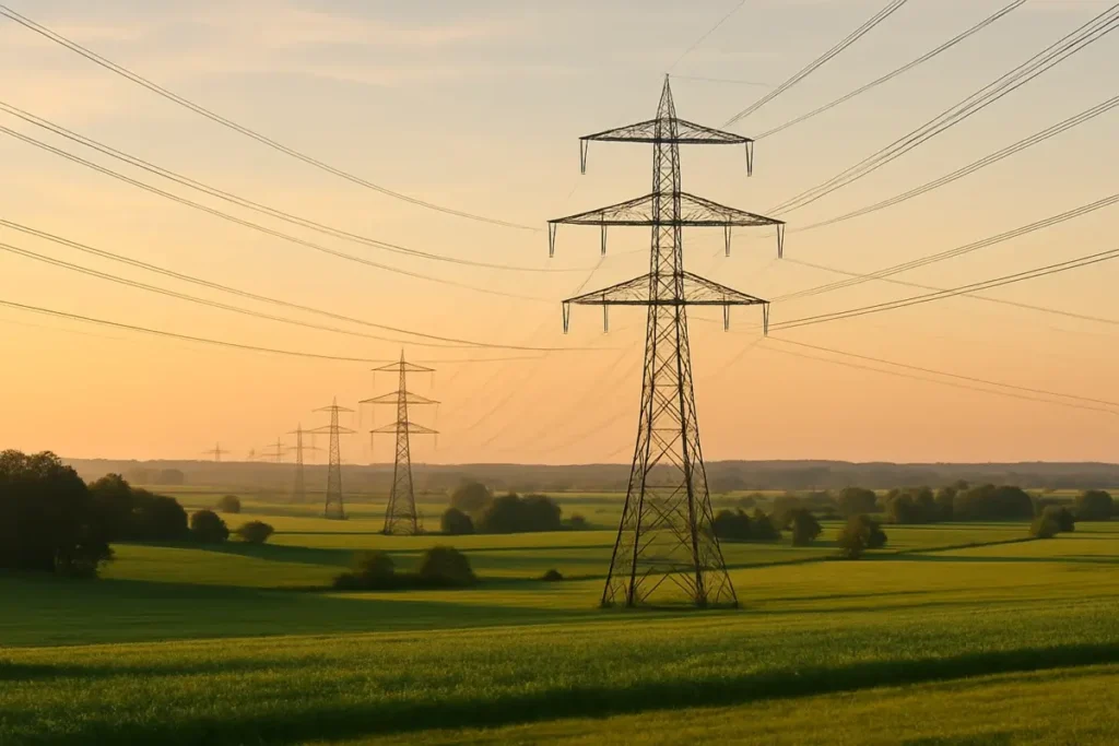 Réseau de pylônes électriques traversant un paysage européen verdoyant