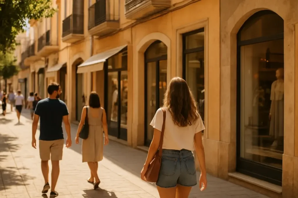 Rue commerçante espagnole ensoleillée avec façades de commerces et piétons