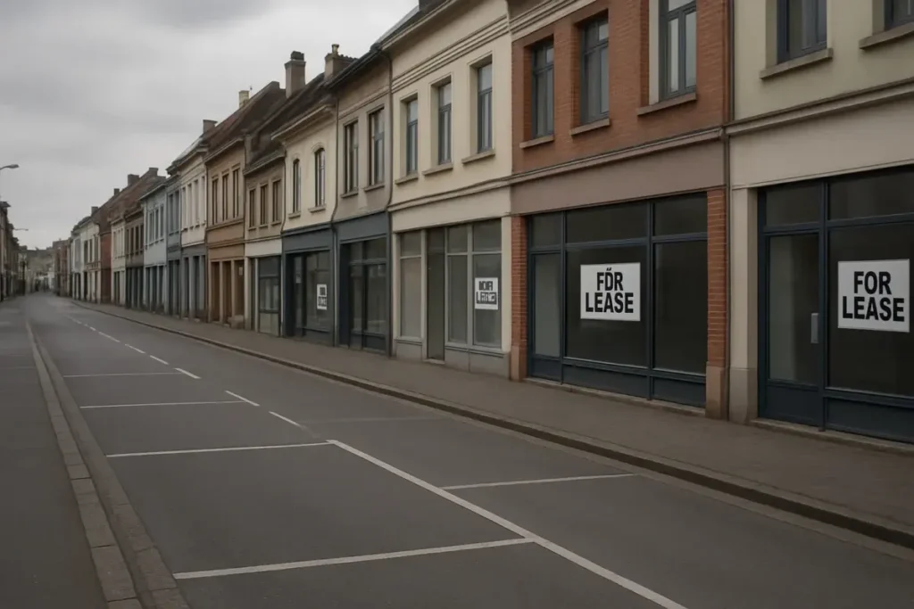 Rue commerciale européenne avec locaux vacants illustrant l'attentisme du marché immobilier