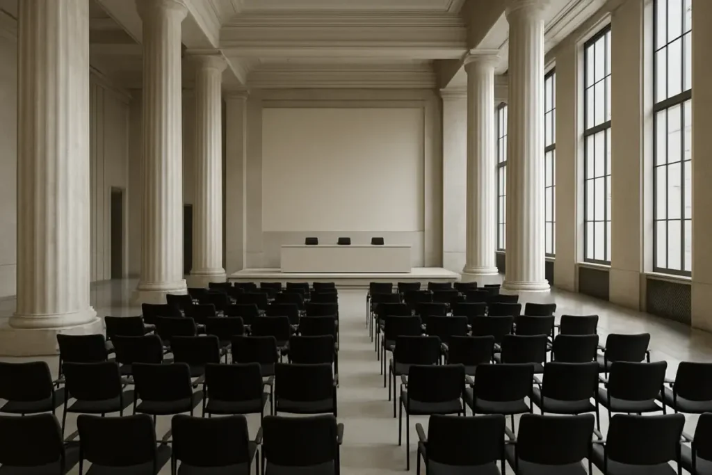 Salle de conférence vide d'une banque centrale européenne en lumière naturelle