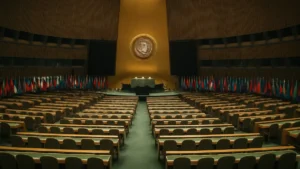 Salle de l'Assemblée générale des Nations Unies vide, drapeaux alignés