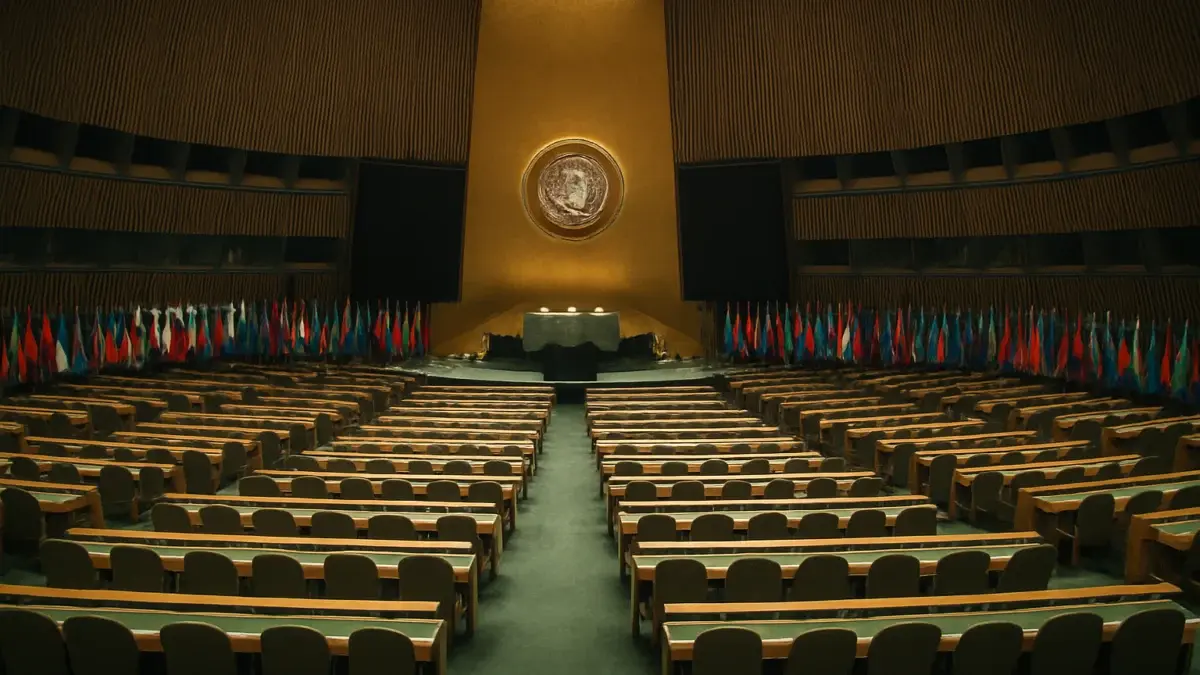 Salle de l'Assemblée générale des Nations Unies vide, drapeaux alignés
