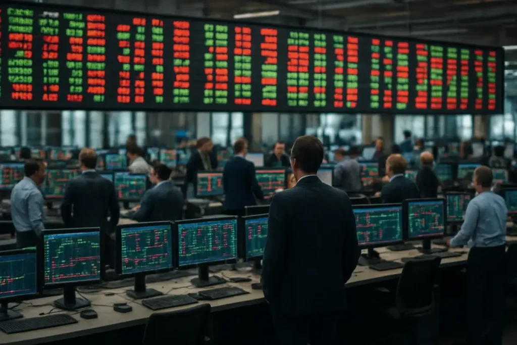 Salle de marché avec écrans d'indices boursiers en temps réel