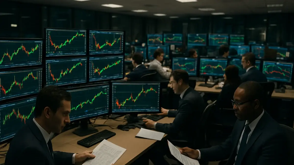 Salle de marché la nuit avec écrans d'indices financiers et rendements obligataires