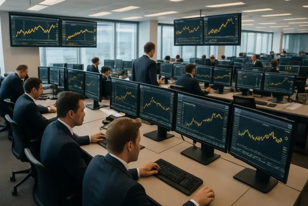 Salle de marchés avec écrans affichant des données ETF or en temps réel