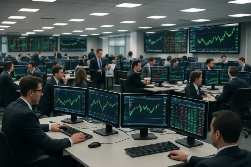 Salle de marchés obligataires avec écrans de spreads de crédit