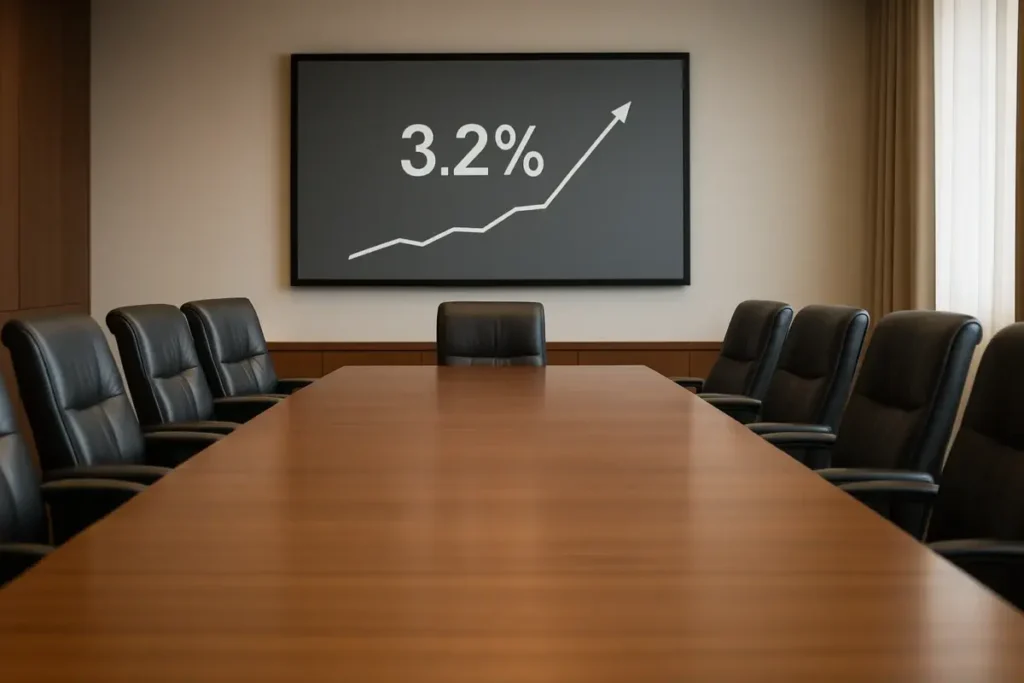 Salle de réunion de banque centrale avec écran affichant des données d'inflation