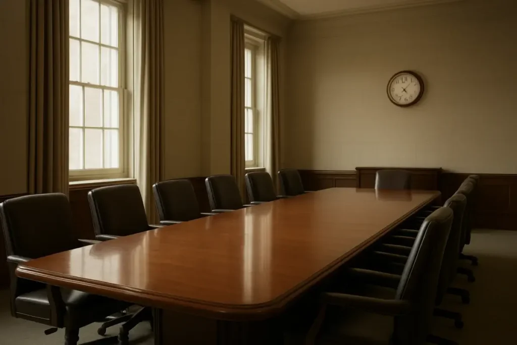Salle de réunion formelle évoquant une décision de politique monétaire