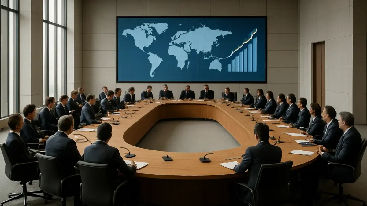 Salle de réunion internationale avec cartes mondiales et graphiques de croissance