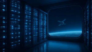 Salle de serveurs illuminée avec vue sur un satellite en orbite