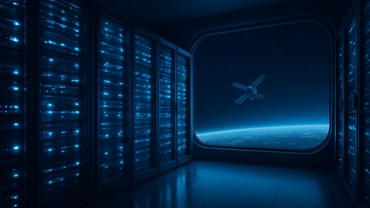 Salle de serveurs illuminée avec vue sur un satellite en orbite