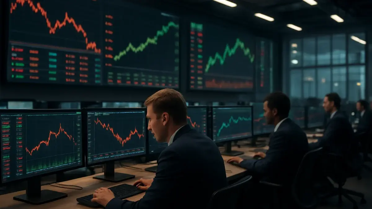 Salle de trading avec écrans affichant des indices boursiers en forte variation