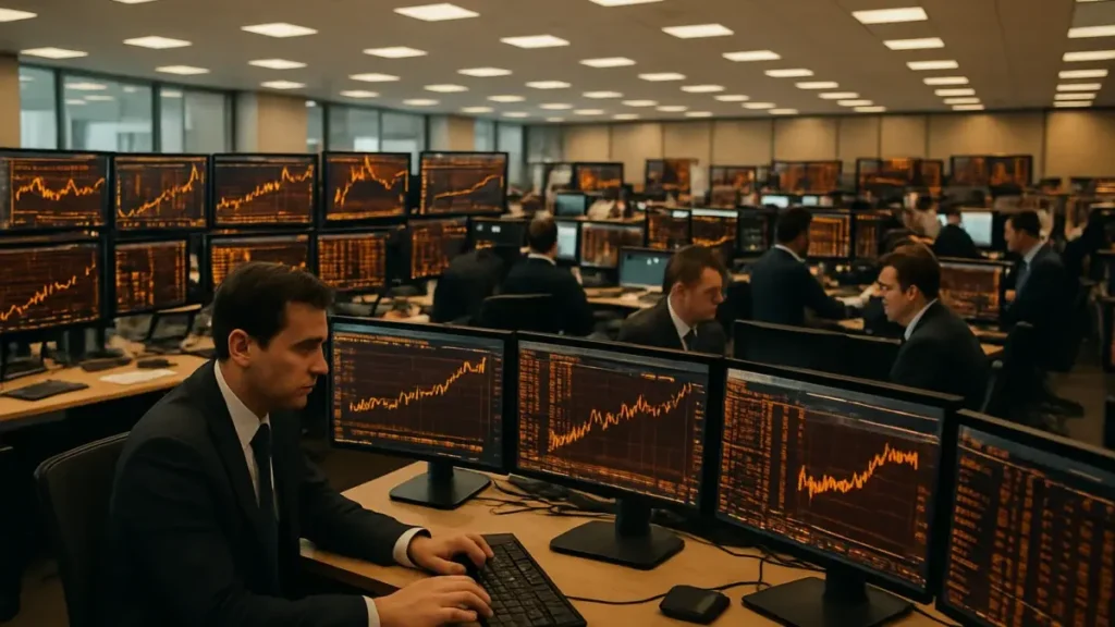 Salle de trading obligataire avec courbes de taux en hausse sur écrans