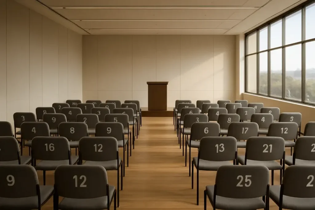 Salle d'enchères vide avec sièges numérotés et podium central